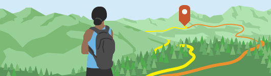 Traveler observing different pathways to get to a destination Traveler observing different pathways to get to a destination